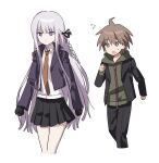  1boy 1girl :o :| ahoge black_gloves black_pants black_ribbon black_skirt blunt_bangs blunt_ends braid brown_hair clenched_hands closed_mouth collared_shirt commentary_request cowboy_shot cropped_legs danganronpa:_trigger_happy_havoc danganronpa_(series) dress_shirt expressionless eyes_visible_through_hair flying_sweatdrops gloves green_hoodie grey_eyes hair_between_eyes hair_ribbon highres hime_cut hood hood_down hoodie jacket kirigiri_kyoko korean_commentary long_hair long_sleeves looking_ahead looking_at_another miniskirt naegi_makoto necktie open_clothes open_jacket open_mouth orange_necktie pants pleated_skirt purple_eyes purple_hair purple_jacket ribbon ringed_eyes saang2cm shirt short_hair sidelocks simple_background single_braid skirt spiked_hair straight_hair suit_jacket sweatdrop very_long_hair walking white_background white_shirt zipper 