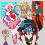 1boy 3girls :d alien angel_wings angol_mois azumaya_koyuki bare_shoulders black_hair blonde_hair blue_eyes blue_mask boots bow demon demon_boy demon_horns demon_tail empty_eyes english_commentary fang fishnets gloves green_eyes gyaru hair_bow hair_wings hand_on_own_hip highres hinata_fuyuki holding holding_microphone horns idol keroro_gunsou kururu_(keroro_gunsou) long_hair mask microphone mimiyori multiple_girls ninja orange_eyes pink_boots pink_eyes pink_hair pink_skirt puffy_short_sleeves puffy_sleeves red_bow scarf school_uniform short_hair short_sleeves single_wing skin_fang skirt smile sumomo_(keroro_gunsou) tail v v-shaped_eyebrows white_gloves white_scarf wings 