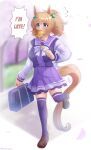  1girl absurdres animal_ears bag blue_eyes blush bow bowtie breasts brown_hair brown_shoes burger collarbone commentary commission english_commentary flying_sweatdrops food hair_between_eyes hair_ornament highres holding horse_ears horse_girl horse_tail large_breasts late_for_school long_hair long_sleeves mitamory mouth_hold outdoors pleated_skirt ponytail purple_sailor_collar purple_serafuku purple_shirt purple_skirt purple_thighhighs running sailor_collar sailor_shirt school_bag school_uniform serafuku shirt shoes skirt solo speech_bubble star_(symbol) star_hair_ornament sweatdrop taiki_shuttle_(umamusume) tail thighhighs tracen_school_uniform umamusume white_bow white_bowtie 