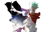  bandaged_arm bandages cracked_skin dr._stone e=mc2_(equation) ellamho equation green_hair highres ishigami_senkuu multicolored_hair rope rope_around_waist rope_belt spiked_hair split-color_hair tall_hair two-tone_hair white_rope 