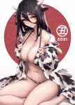  1girl 2021 animal_ears animal_print bikini black_hair breasts brown_eyes chinese_zodiac cow_ears cow_horns cow_print cow_tail hair_between_eyes highres horns jacket large_breasts long_hair looking_at_viewer navel oopartz_yang open_clothes open_jacket original print_bikini sitting solo swimsuit tail year_of_the_ox 