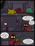2026 black_body blue_clothing blue_hood blue_robe brown_clothing brown_footwear brown_shoes cape clothing comic dialogue ellipsis english_text footwear hi_res humanoid inside leo_the_magician magic male motion_lines mouthless no_pupils not_furry onomatopoeia raised_arm red_cape red_clothing red_hood red_robe robe ruins scepter shadow_creature shoes sound_effects speech_bubble standing text ultilix yellow_eyes