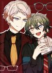  2boys amanemio2 blue_eyes blush book closed_mouth collared_shirt commentary diagonal-striped_clothes diagonal-striped_necktie ensemble_stars! fingernails glasses grey_hair hair_between_eyes hands_up heterochromia holding holding_book itsuki_shu kagehira_mika keito_lecture_(ensemble_stars!) lapels leaning_on_person male_focus multiple_boys necktie notched_lapels official_alternate_costume open_book open_mouth orange_necktie outline pink_hair purple_eyes red_background red_necktie shirt short_bangs short_hair smile striped_clothes striped_necktie teeth untranslatable_commentary upper_body upper_teeth_only valkyrie_(ensemble_stars!) variant_set white_outline wing_collar yellow_eyes 