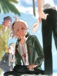  4boys :o absurdres black_hat black_pants blonde_hair chuan_(oc7uyge8hu6865) commentary_request danganronpa_(series) danganronpa_2:_goodbye_despair day green_jacket grey_hair hair_between_eyes hat highres hinata_hajime jacket jumpsuit komaeda_nagito kuzuryu_fuyuhiko multiple_boys open_clothes open_jacket outdoors palm_tree pants pink_hair print_shirt shirt soda_kazuichi tree white_shirt yellow_jumpsuit 