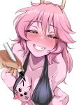  1girl 1other absurdres ashido_mina black_dress black_sclera blush boku_no_hero_academia breasts breasts_out chanwara_06 cleavage collarbone colored_sclera colored_skin commentary commentary_request dress from_above grin halterneck highres holding holding_marker horns large_breasts long_hair looking_at_viewer marker nipples paid_reward_available parted_lips pink_skin pov simple_background sitting smile solo_focus teeth white_background yellow_eyes yellow_horns 