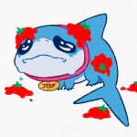  absurdres collar crying derivative_work english_commentary fins fish_tail highres jeff_the_land_shark looking_at_viewer marvel marvel_rivals riceandhotdogs sad shark shark_fin shark_tail tail tomato white_background 