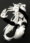  1girl \||/ arms_up artist_name black_background blush bow breasts commentary convenient_censoring doki_doki_literature_club double_\||/ green_eyes hair_bow hand_shadow_covering_breasts_(meme) highres jason_viera long_hair looking_at_viewer meme monika_(doki_doki_literature_club) navel no_nipples nude open_hands outstretched_arms ponytail shadow shadow_censor shadow_puppet smile solo spread_fingers topless_female twitter_username upper_body 