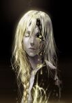  1girl black_background blonde_hair braid broken closed_eyes colored_eyelashes commentary cracked_skin crying elden_ring elden_ring_(object) hair_between_eyes hair_over_one_eye highres lips long_hair portrait queen_marika_the_eternal runes solo tumitumico untranslatable_commentary yellow_eyes 
