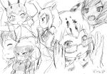 adjusting_eyewear animal_ears arabian_oryx_(kemono_friends) arms_up aurochs_(kemono_friends) bandaid blush bow caracal_(kemono_friends) furrowed_brow glasses highres horns kaban_(kemono_friends) kemono_friends kemono_friends_2 looking_at_viewer looking_down looking_to_the_side lying margay_(kemono_friends) masuyama_ryou medium_hair monochrome on_back open_clothes ratel_(kemono_friends) simple_background sketch smile standing v-shaped_eyebrows white_background 