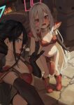  2girls absurdly_long_hair absurdres alternate_costume aris_(blue_archive) armor bikini_armor black_gloves black_hair blue_archive blue_eyes blue_halo blush boots breasts choker commentary_request dragon_quest dragon_quest_iii elbow_gloves gloves hair_between_eyes halo highres kei_(blue_archive) kei_(new_body)_(blue_archive) leviathan_(hikinito0902) long_hair looking_at_another multiple_girls open_mouth pink_halo ponytail red_boots red_eyes small_breasts very_long_hair warrior_(dq3) white_choker white_hair 