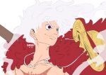  1boy artist_name cape closed_mouth collarbone commentary cross_scar devil_fruit_power flat_color floating_hair fur_cape gear_fifth hat highres iamosix2 looking_to_the_side male_focus monkey_d._luffy one_piece red_cape red_eyes scar scar_on_chest short_hair solo straw_hat transformation untranslatable_commentary unworn_headwear upper_body weapon weapon_on_back white_background white_hair 