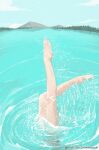  1girl ai-bon bare_legs barefoot cloud dancing feet feet_up fire_emblem fire_emblem_heroes highres lake legs legs_up mountain mountainous_horizon nature outdoors partially_submerged posing reflection ripples sky solo splashing sue_(fire_emblem) swimming synchronized_swimming thighs thighs_together tree wet 