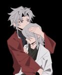  1boy 1girl black_robe brother_and_sister brown_eyes character_request hand_on_another's_head highres hug long_hair long_sidelocks looking_to_the_side nicayuko omniscient_reader's_viewpoint red_robe robe siblings sidelocks upper_body white_hair white_robe wide_sleeves worried yeom_paekho 