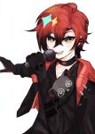  1boy aki_genki black_choker black_gloves black_shirt choker gloves holding holding_microphone holostars holostars_english looking_at_viewer machina_x_flayon machiroon_(machina_x_flayon) microphone red_hair shirt short_hair simple_background solo teeth upper_teeth_only virtual_youtuber white_background 