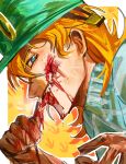  1boy aqua_helmet bleeding blonde_hair blood blood_from_mouth blood_on_face blood_on_hand blue_eyes blue_sweater brown_gloves cracked_skin diego_brando fangs gloves helmet highres jojo_no_kimyou_na_bouken licking licking_finger looking_at_viewer male_focus medium_hair nagisuitwk12 open_mouth profile sharp_teeth solo steel_ball_run sweater teeth tongue tongue_out turtleneck turtleneck_sweater 
