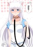  1girl animal_collar animal_ear_fluff animal_ears arm_at_side blue_eyes blue_sleeves blunt_bangs blunt_ends blush breasts cat_ears center_frills collar collarbone commentary_request commission cowboy_shot ear_blush embarrassed fake_animal_ears flying_sweatdrops frilled_shirt frills furrowed_brow hair_between_eyes hand_up highres holding holding_leash kirsiri_tooru_(kishiri10oru) leash long_hair looking_at_viewer medium_breasts naruse_shiroha nose_blush open_mouth polka_dot polka_dot_background shirt short_sleeves sidelocks signature simple_background skeb_commission skirt solo speech_bubble straight_hair summer_pockets translated very_long_hair white_background white_hair white_shirt white_skirt 