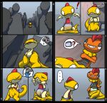 2010 anthro biped bodily_fluids clean_diaper clothed clothing comic crackajackin diaper digital_media_(artwork) duo_focus ellipsis embarrassed exclamation_point generation_5_pokemon genital_fluids group nintendo omorashi pokemon pokemon_(species) red_body scrafty scraggy simple_background size_difference unclean_diaper urine used_diaper wearing_diaper wet_diaper yellow_body