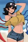  1girl alternate_costume arm_behind_back asymmetrical_wings beach bikini bikini_under_clothes black_bikini black_hair blue_sky blue_wings blurry blurry_background breasts commentary denim denim_shorts eyewear_on_head hair_between_eyes hand_on_own_head highres houjuu_nue kinoshii-shroom large_breasts looking_at_viewer medium_hair midriff mixed-language_commentary navel ocean off-shoulder_shirt off_shoulder outdoors parted_lips pointy_ears red_eyes red_wings shirt shorts sky smile solo sunglasses swimsuit tan tanlines touhou two-tone_wings wings yellow_shirt 
