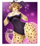 anthro areola big_breasts black_clothing black_leotard black_nose blush breasts brown_eyebrows brown_eyes brown_hair cheetah clothing ear_piercing exposed_breasts eyebrows eyelashes fake_ears fake_rabbit_ears felid feline female fishnet_stockings fur hair hair_bun hi_res leotard looking_at_viewer low-angle_view mammal markings multicolored_body multicolored_fur nipples piercing pink_areola pink_nipples pink_tongue portrait puffy_areola short_hair solo spots spotted_body spotted_fur sugarrrpeach tail tan_body tan_fur three-quarter_portrait tongue tongue_out yellow_body yellow_fur
