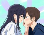  1boy 1girl black_hair blue_eyes blue_shirt blush boku_no_kokoro_no_yabai_yatsu brown_eyes brown_hair closed_mouth commentary_request couple eye_contact from_side hand_on_another's_cheek hand_on_another's_face hetero ichikawa_kyoutarou long_hair looking_at_another meteor_animation parted_lips profile shirt short_hair short_sleeves smile straight_hair t-shirt two-tone_background white_shirt yamada_anna 