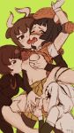  4girls animal_ears arabian_oryx_(kemono_friends) aurochs_(kemono_friends) black_eyes black_hair blush breast_sucking breasts brown_hair clothes_lift collared_shirt cow_ears cow_girl cunnilingus elbow_pads fingering french_kiss gangbang giant_armadillo_(kemono_friends) gloves grabbing_another's_breast green_background groping group_sex harem hat highres horns japanese_black_bear_(kemono_friends) kemono_friends kiss licking long_sleeves looking_at_another masuyama_ryou medium_breasts multicolored_hair multiple_girls navel nipples no_bra no_panties one_eye_closed open_mouth oral pleated_skirt pussy pussy_juice saliva sex shirt shirt_lift short_hair short_sleeves simple_background skirt spread_legs sweat sweater sweater_vest tongue tongue_out two-tone_hair white_gloves white_hair yuri 