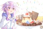  2girls blanc blush breasts brown_hair cherry chibi choujigen_game_neptune clenched_hand d-pad d-pad_hair_ornament dress food fruit gift hair_between_eyes hair_ornament heart holding holding_spoon hood hooded_jacket ice_cream jacket medium_hair multiple_girls neptune_(neptune_series) neptune_(series) pudding purple_eyes purple_hair ray_726 smile solo_focus sparkling_eyes spoon surprised upper_body usb valentine whipped_cream white_dress white_jacket yuri 