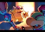  2boys bowser_jr. bracelet commentary fangs furry furry_male holding holding_paintbrush jewelry looking_at_another mario_(series) multiple_boys open_mouth paintbrush ponytail roy_koopa signature spiked_bracelet spiked_shell spikes sunglasses ukata 