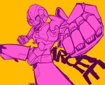  1girl arcee autobot blue_eyes clenched_hand dorkydoodoo dynamic_pose highres mecha_musume open_mouth robot_girl transformer transformers yellow_background 