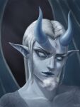  absurd_res black_eyebrows blue_and_white blue_eyes blue_horn blue_lips dragon eyebrows female fog frost_dragon hair hi_res horn humanoid humanoid_pointy_ears lips monochrome nude pupils scalie slit_pupils small_horns solo western_dragon white_hair white_horn wings 
