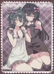  2girls ahoge aqua_eyes arm_around_shoulder bare_shoulders black_dress black_hair black_nails black_socks border bow braid breasts center_frills cleavage dress ensemble_stars! fingernails frilled_dress frills full_body genderswap genderswap_(mtf) green_hair grey_background hair_between_eyes hair_bow hair_over_shoulder hand_up hands_up heterochromia highres iiilovesleeping index_finger_raised kagehira_mika long_hair long_sleeves looking_at_viewer multiple_girls off-shoulder_dress off_shoulder pink_border pink_bow plaid_background red_eyes red_nails sakuma_ritsu sitting sleeveless sleeveless_dress sleeves_past_wrists small_breasts smile socks sparkle twin_braids wariza white_dress white_socks white_wrist_cuffs wrist_cuffs yellow_eyes 