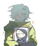  1boy animification blonde_hair chinese_commentary closed_mouth commentary_request crying crying_with_eyes_open dougi dripping_eye green_dougi green_eyes green_scarf hair_between_eyes holding_portrait light_frown lloyd_garmadon lloyd_garmadon_(young) long_sleeves looking_to_the_side male_focus ninjago ninjago:_dragons_rising portrait_(object) scarf short_hair sideways_glance simple_background solo tears tears_from_one_eye upper_body white_background xinlv327 