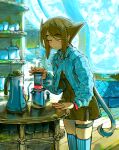  1girl absurdres aquarium asymmetrical_bangs backlighting black_dress blue_jacket breasts brewing_stand brown_hair cafe clip_studio_paint_(medium) coffee coffee_maker coffee_mug coffee_pot commentary_request cup cupboard dress earrings eudetenis highres indoors jacket jewelry long_sidelocks long_sleeves looking_at_object low_ponytail mug nail_polish original pointy_hair ponytail red_eyes reflective_surface scar scar_on_face scar_on_forehead screen short_dress sidelocks small_breasts solo standing steam striped_clothes striped_jacket table thigh_strap thighhighs watch wooden_floor wristwatch 