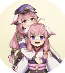 2girls absurdres armband bell fox_tail hair_bell hair_ornament hat highres hina_(rune_factory) long_hair long_sleeves looking_at_viewer multiple_girls pink_hair purple_armband purple_eyes purple_hat rune_factory rune_factory:_guardians_of_azuma rune_factory_5 smile susen216805 tail 