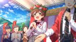  2girls 3boys :d apple blush bow bowtie brown_hair card_commentary collared_shirt commentary_request day faceless faceless_female faceless_male food fruit game_asset green_eyes grey_skirt head_wreath holding holding_microphone idolmaster idolmaster_million_live! idolmaster_million_live!_theater_days kinoshita_hinata long_sleeves looking_to_the_side microphone multiple_boys multiple_girls official_art open_mouth outdoors raised_inner_eyebrows red_bow red_bowtie sash shirt shirt_tucked_in short_hair sideways_glance skirt smile stage standing third-party_source white_sash white_shirt 