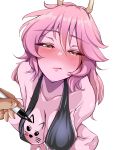 1girl 1other absurdres areola_slip ashido_mina black_dress black_sclera blush boku_no_hero_academia breasts chanwara_06 cleavage collarbone colored_sclera colored_skin commentary commentary_request dress from_above half-closed_eyes halterneck highres holding holding_marker horns large_breasts long_hair looking_at_viewer marker paid_reward_available pink_skin pout pov simple_background sitting solo_focus white_background yellow_eyes yellow_horns 