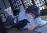  1boy alternate_hair_length_(shorter) alternate_hairstyle amputee bird black_hair black_hakama blue_eyes blue_kimono camembert_chizuko commentary_request covered_mouth crow hakama haori indoors japanese_clothes kimetsu_no_yaiba kimono long_sleeves looking_at_animal lying male_focus on_stomach paper short_hair snow socks solo spiked_hair the_pose tomioka_giyuu watermark white_socks window 