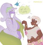 2026 anthro artist_name big_breasts blush bottomwear breasts brown_body brown_skin cleavage clothed clothing cross-popping_vein dialogue duo english_text eyebrows eyelashes female frown generation_6_pokemon goodra green_eyes hair hi_res huge_breasts human mammal midriff nintendo pokemon pokemon_(species) shirt short_hair shorts sketch slime speech_bubble supersilly64 t-shirt tank_top text topwear white_hair wide_hips