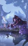  2boys ahoge animal architecture black_hair black_hanfu black_rabbit_(animal) chinese_clothes east_asian_architecture english_commentary fireflies flower forest from_side grandmaster_of_demonic_cultivation grass hair_ribbon hanfu lan_wangji light_particles long_hair long_sleeves manjyuya100 mountain multiple_boys nature night outdoors petting ponytail profile purple_flower rabbit red_eyes red_ribbon red_sash reflection reflective_liquid ribbon robe sash scenery sidelocks sitting sky sleeves_past_wrists solo_focus squatting tree twitter_username very_long_hair water watermark wei_wuxian white_hanfu white_rabbit_(animal) wide_sleeves 