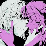  2girls :d alien_stage aria_blaze aria_blaze_(human) bags_under_eyes black_background cadence_sniffa commentary crying crying_with_eyes_open derivative_work english_commentary equestria_girls:_rainbow_rocks eye_contact eyes_visible_through_hair face-to-face fingernails forehead-to-forehead grin hair_between_eyes hair_down hair_intakes hand_on_another's_cheek hand_on_another's_face hand_up heads_together high_contrast highres limited_palette long_hair looking_at_another multiple_girls my_little_pony my_little_pony:_equestria_girls my_little_pony:_friendship_is_magic parted_lips portrait profile raised_inner_eyebrows scared sidelocks sideways_mouth simple_background smile sonata_dusk sonata_dusk_(human) tears wide-eyed yuri 