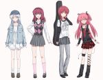  4girls :d alternate_costume angel_beats! arms_at_sides bare_shoulders baseball_cap black_choker black_hairband black_ribbon black_shirt black_shoes black_socks blue_hat blue_jacket blunt_bangs casual choker closed_mouth collarbone collared_shirt commentary_request cross cross_necklace cross_print dress dress_shirt expressionless eyes_visible_through_hair frilled_dress frills full_body green_eyes grey_hair grey_pants guitar_case hair_between_eyes hair_ribbon hairband hand_on_own_hip hand_up hat highres instrument_case iwasawa_masami jacket jewelry kneehighs korean_commentary layered_sleeves long_hair long_sleeves looking_at_viewer loose_socks mary_janes medium_hair miniskirt multiple_girls nakamura_yuri necklace open_clothes open_jacket open_mouth pants pink_hair pink_socks plaid_clothes plaid_skirt pleated_skirt print_shirt purple_hair red_eyes red_hair red_skirt ribbon saang2cm shirt shoes short_dress short_over_long_sleeves short_sleeves side-by-side sidelocks simple_background skirt skull_print sleeveless sleeveless_shirt sleeves_past_wrists smile socks straight_hair t-shirt tachibana_kanade two_side_up very_long_hair watch white_background white_dress white_shirt white_socks wristwatch yellow_eyes yui_(angel_beats!) 