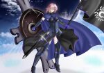  1girl absurdres armor armored_boots armored_dress boots breasts chaldea_logo cosplay fate/grand_order fate_(series) highres huge_filesize large_breasts mash_kyrielight pink_hair shield short_hair smile solo 