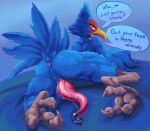anthro anus avian avian_feet blue_body blue_eyes blue_feathers blush bodily_fluids butt commanding_viewer english_text falco_lombardi feathers feet genital_fluids genitals hi_res looking_at_viewer looking_back looking_back_at_viewer male mythil_flower nintendo penis precum rear_view signature solo speech_bubble star_fox tail tail_feathers talking_to_viewer talons tapering_penis text toes
