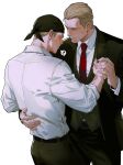  2boys ? bandana belt billy_kane black_bandana black_belt black_pants black_suit black_vest blonde_hair blue_eyes blush dancing dress_shirt earrings fatal_fury formal_clothes geese_howard hair_slicked_back highres jewelry looking_at_another male_focus multiple_boys necktie pants plasticcero99 red_necktie shirt short_hair simple_background spoken_question_mark suit the_king_of_fighters vest white_background white_shirt yaoi 