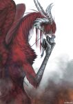  2others ambiguous_gender androgynous armor claws feathered_wings full_armor giant greaves helmet horns in_palm knight lifting_person looking_at_another monokubo multiple_horns multiple_others original other_focus polearm profile red_hair size_difference stab twitter_username weapon wings 