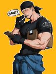  1boy bandana billy_kane black_bandana black_gloves black_shirt blonde_hair blue_eyes blue_jumpsuit box covered_abs earrings english_text fatal_fury gloves highres holding holding_box holding_marker holding_notepad jewelry jumpsuit jumpsuit_around_waist looking_at_viewer male_focus marker muscular muscular_male notepad official_alternate_costume pen_in_mouth plasticcero99 shirt short_hair short_sleeves simple_background solo speech_bubble taut_clothes taut_shirt the_king_of_fighters yellow_background 