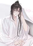  1boy ahoge alternate_costume bathrobe bishounen black_hair chinese_clothes closed_mouth grandmaster_of_demonic_cultivation grey_eyes hair_between_eyes hand_in_own_hair hanfu indoors long_hair long_sleeves looking_at_viewer male_focus ponytail robe round_window sidelocks sitting smile solo sub2nm wei_wuxian white_background white_robe wide_sleeves window 