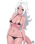 1girl android_21 blue_eyes breasts cleavage closed_mouth colored_skin commentary donburikazoku dragon_ball dragon_ball_fighterz highres large_breasts long_hair looking_at_viewer majin_android_21 navel pink_skin pointy_ears simple_background solo swimsuit tail white_hair 