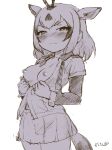  1girl absurdres ahoge animal_ears arabian_oryx_(kemono_friends) blush breasts breasts_out closed_mouth cowboy_shot extra_ears furrowed_brow gazelle_ears gazelle_tail highres kemono_friends layered_sleeves long_sleeves looking_at_viewer masuyama_ryou medium_breasts medium_hair monochrome multicolored_hair necktie nipples no_bra open_clothes open_shirt portrait puffy_nipples shirt short_hair short_over_long_sleeves short_sleeves simple_background skirt solo tail undone_necktie white_background 
