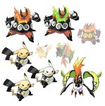  absurdres alternate_color alternate_form ben_10 bodysuit clothed_pokemon commentary crossover emboar full_body furry furry_male green_eyes highres mlix multicolored_bodysuit official_art_inset omnitrix_symbol pig_boy pikachu pokemon reference_inset tapu_koko tusks 