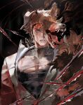  1boy black_background black_hair black_shirt blood blood_on_clothes blood_on_face broken_necklace brown_fur chain chain_necklace claw_mark clenched_teeth green_eyes hoyapaint jacket jewelry large_pectorals limbus_company looking_at_viewer male_focus meursault_(project_moon) necklace pectorals pelt project_moon ring_(identity)_(project_moon) shirt short_hair solo teeth torn_clothes torn_shirt turtleneck turtleneck_shirt upper_body white_jacket wolf_mask wolf_pelt 